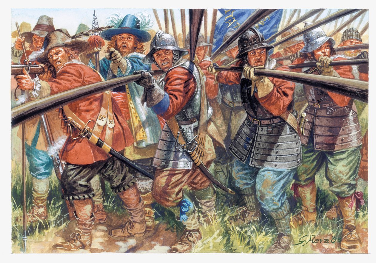 Primeira Revolução Inglesa (1641-1649): Infantaria do Novo Exército Modelo de Oliver Cromwell (1599-1658) - Guerra Civil Inglesa: piqueiros do Novo Exército Modelo de Oliver Cromwell - Ilustração de Giuseppe Rava de Giuseppe Rava