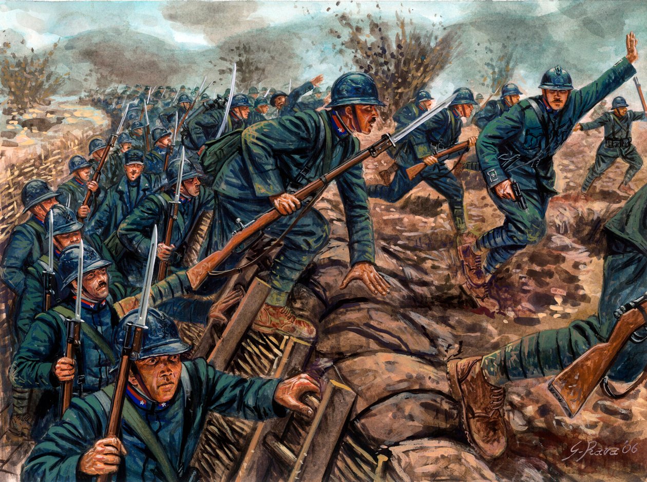 Primeira Guerra Mundial: Ataque da Infantaria Italiana - Primeira Guerra Mundial: soldados italianos a sair de uma trincheira - Ilustração de Giuseppe Rava de Giuseppe Rava