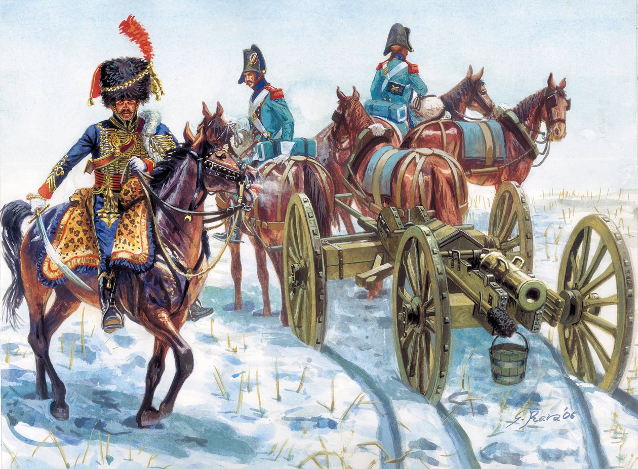 Primeiro império (1804-1814): reboque da artilharia do Grande Exército na neve - Primeiro império: reboque da artilharia na neve pela cavalaria do Grande Exército - Ilustração de Giuseppe Rava de Giuseppe Rava