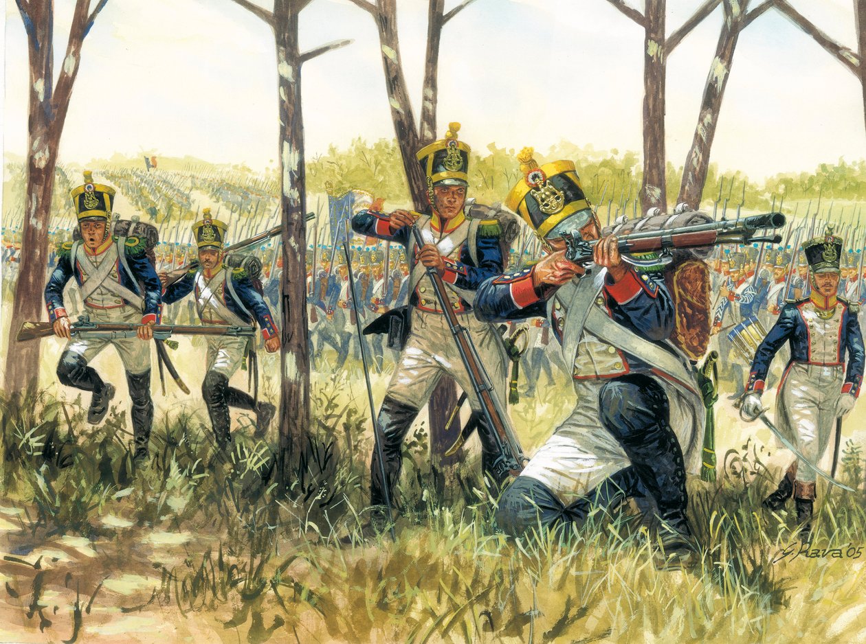 Primeiro império: Voltigeurs de infantaria franceses - Primeiro império: voltigeurs de escaramuça franceses - Ilustração de Giuseppe Rava de Giuseppe Rava