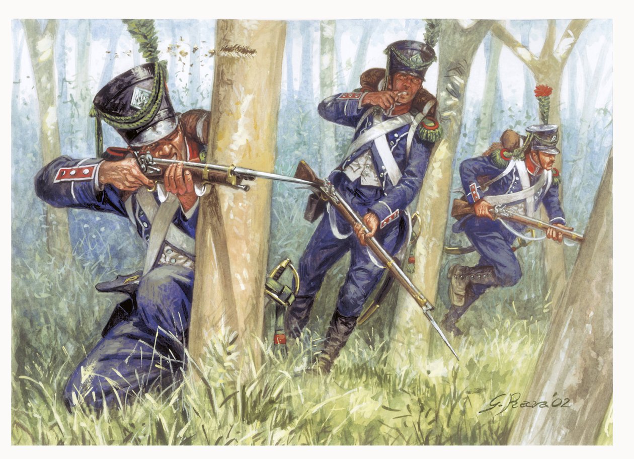 Primeiro império: Soldados de infantaria ligeira nos bosques - Primeiro império: Infantaria ligeira no bosque - Ilustração de Giuseppe Rava de Giuseppe Rava