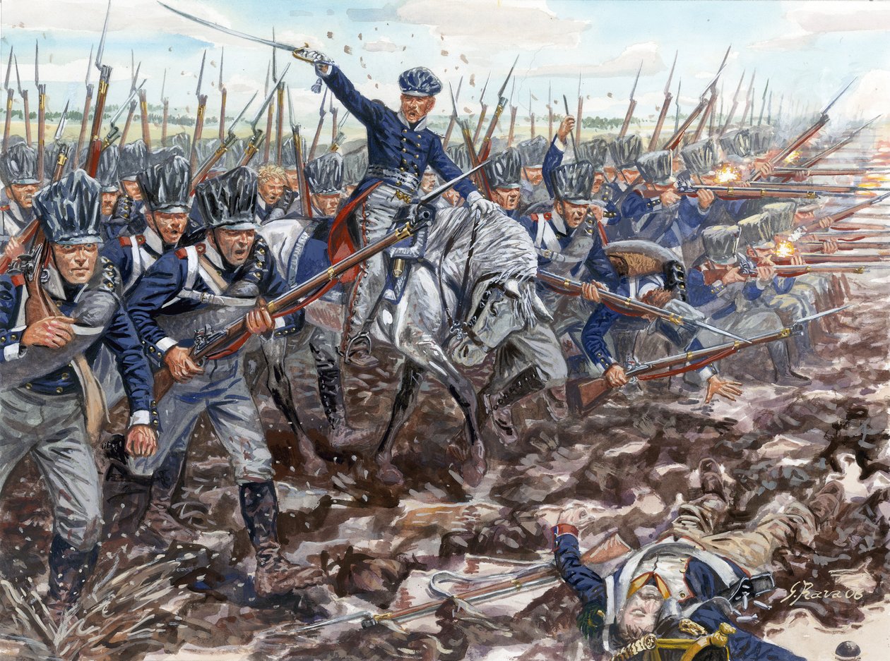 Primeiro império: avanço da infantaria prussiana em 1813 - Primeiro império: carga da infantaria prussiana em 1813 - Ilustração de Giuseppe Rava de Giuseppe Rava