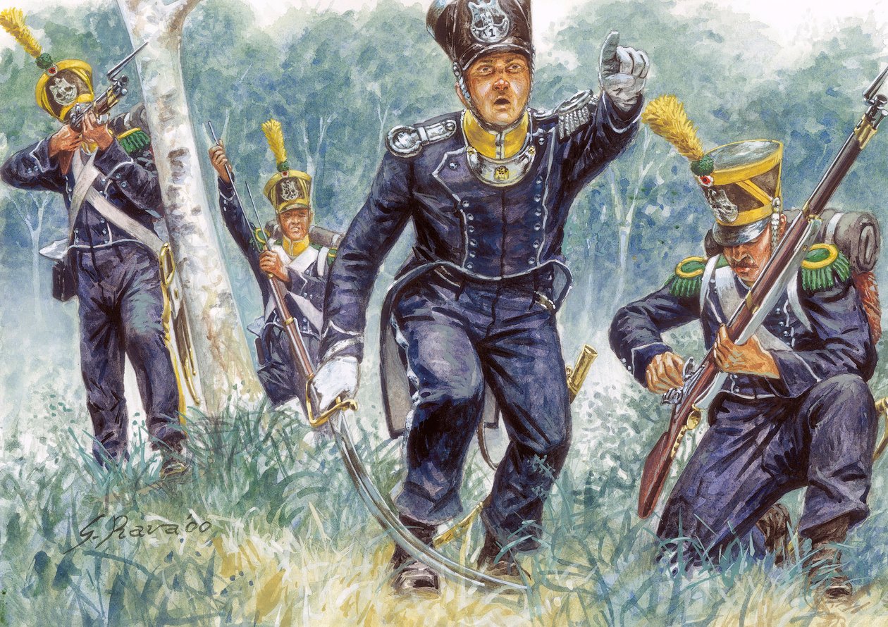 Primeiro império: voltigeurs de infantaria ligeira nos bosques - Primeiro império: Voltigeurs de infantaria ligeira no bosque - Ilustração de Giuseppe Rava de Giuseppe Rava