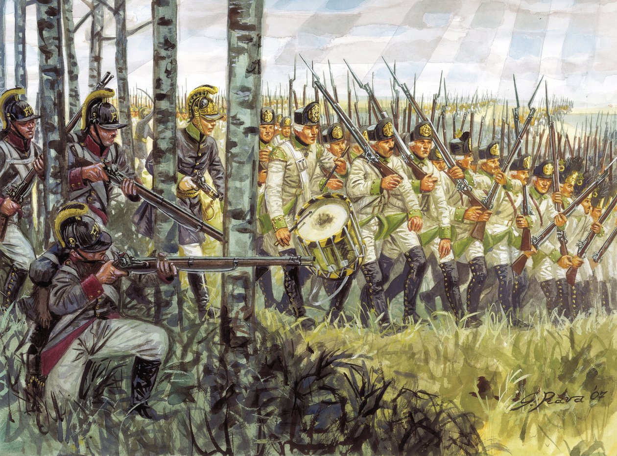 Primeiro império: soldados da infantaria austríaca em avanço por volta de 1798 - 1805 - Primeiro império: soldados da infantaria austríaca em marcha de Giuseppe Rava