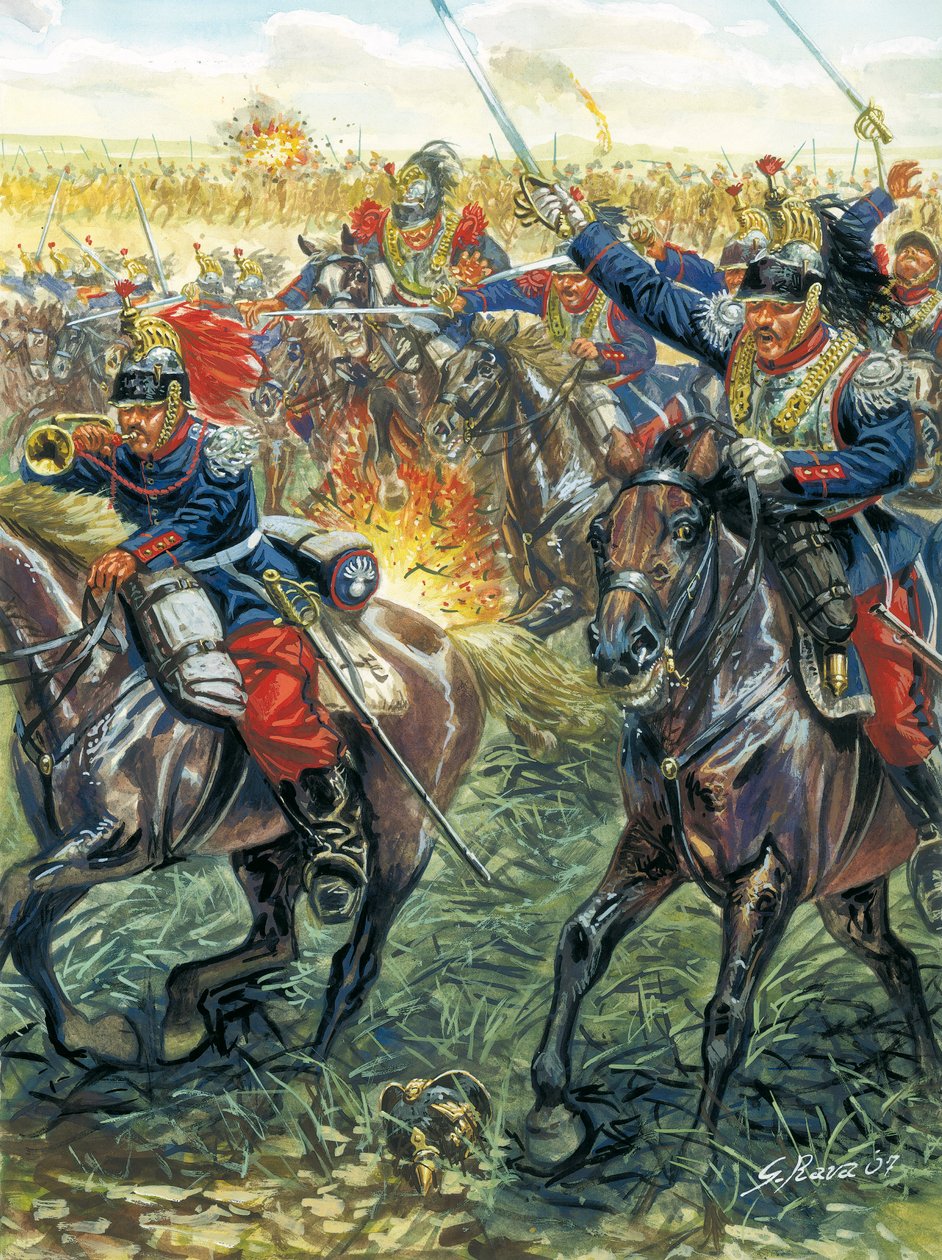 Guerra franco-alemã de 1870 (franco-prussiana): carga de navios de guerra franceses na batalha de Froeschwiller Woerth (Froeschwiller-Woerth) em 6/08/1870 - Guerra franco-prussiana: batalha de Worth (Reichshoffen ou Froschweiler) (1870): Ataque da cavalari de Giuseppe Rava
