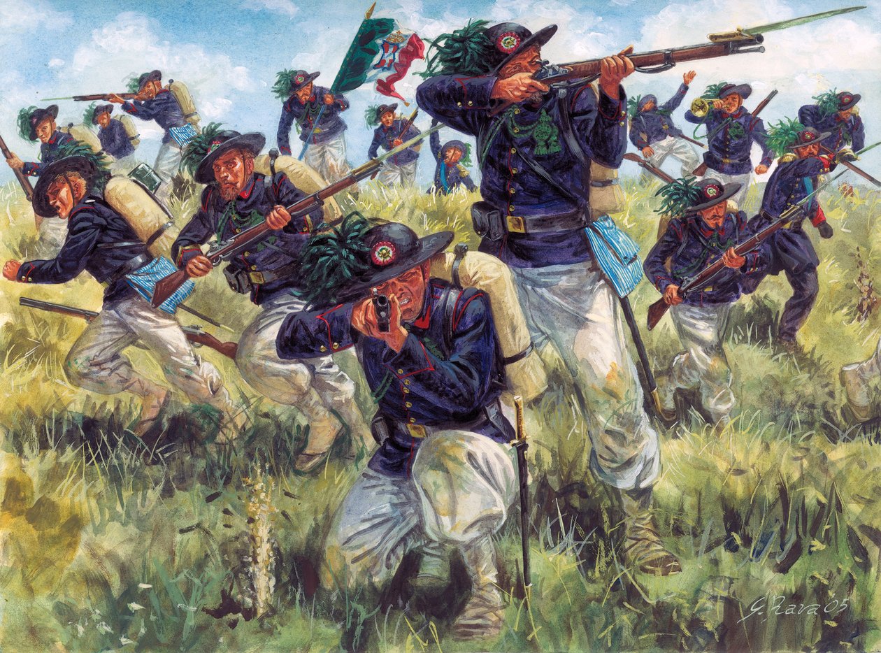 Campanha italiana de 1859 (Segunda Guerra de Independência Italiana): bersaglieri do exército italiano em ação - Segunda Guerra de Independência Italiana (Guerra Franco-Austríaca, Guerra Austro-Sarda, Guerra Austro-Piemontesa ou Guerra Italiana de 1859): b de Giuseppe Rava