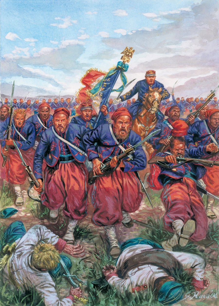 Campanha de Itália de 1859 (Segunda Guerra de Independência Italiana): a carga dos Zouaves da Armada Francesa de Napoleão III durante a Batalha de Solferino em 24/06/1859 - Segunda Guerra de Independência Italiana (Guerra Franco-Austríaca, Guerra Austro-Sa de Giuseppe Rava