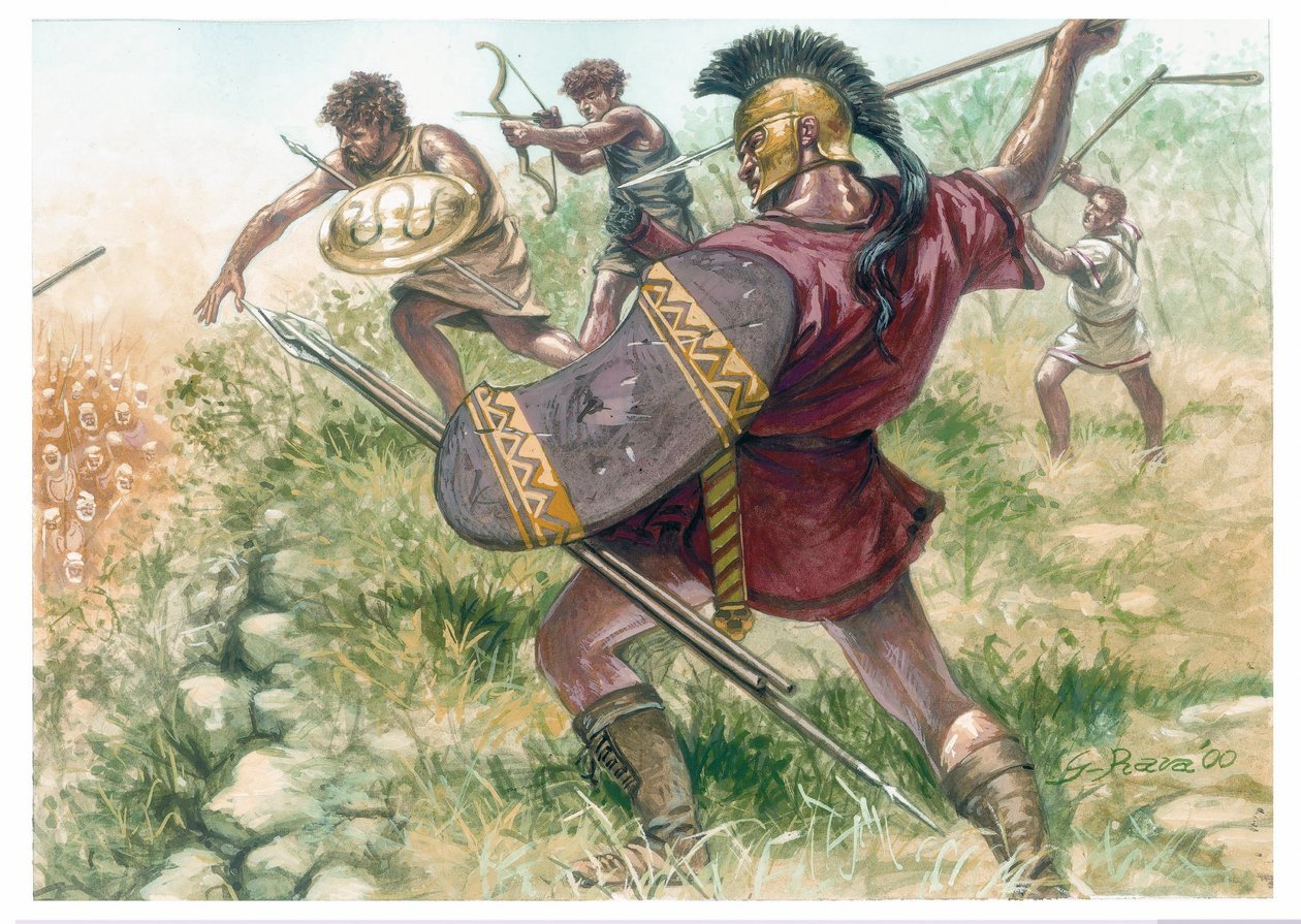 Reino de Macedo: soldados da infantaria ligeira - Macedónia (antigo reino): soldados da infantaria ligeira - Ilustração de Giuseppe Rava de Giuseppe Rava