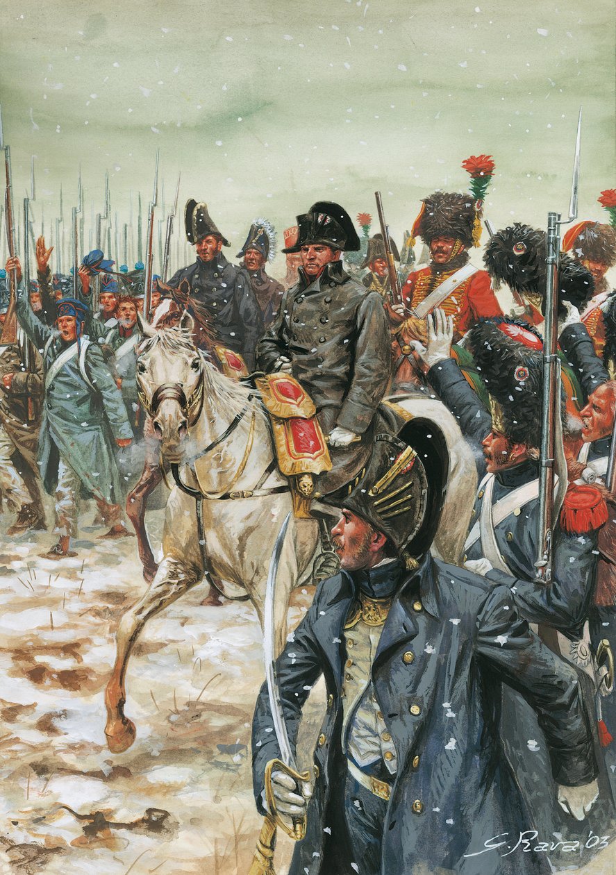 Viva o imperador! O imperador Napoleão I (1769-1821), a cavalo, rodeia o seu exército durante a campanha francesa de janeiro de 1814" - Guerra da Sexta Coligação, batalhas em França, o imperador Napoleão I rodeado pelo seu exército durante a campanha franc de Giuseppe Rava