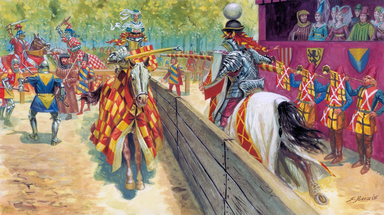 Idade Média: Cena de torneio chevaleresco - torneio (tourney), competição cavalheiresca - de Giuseppe Rava