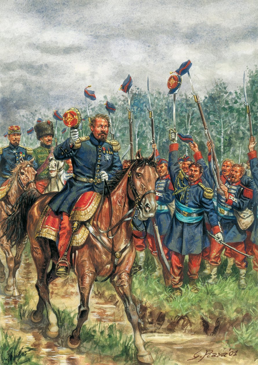 Napoleão III (1808-1873) um cavalo saudado pelo seu exército (desenho) de Giuseppe Rava