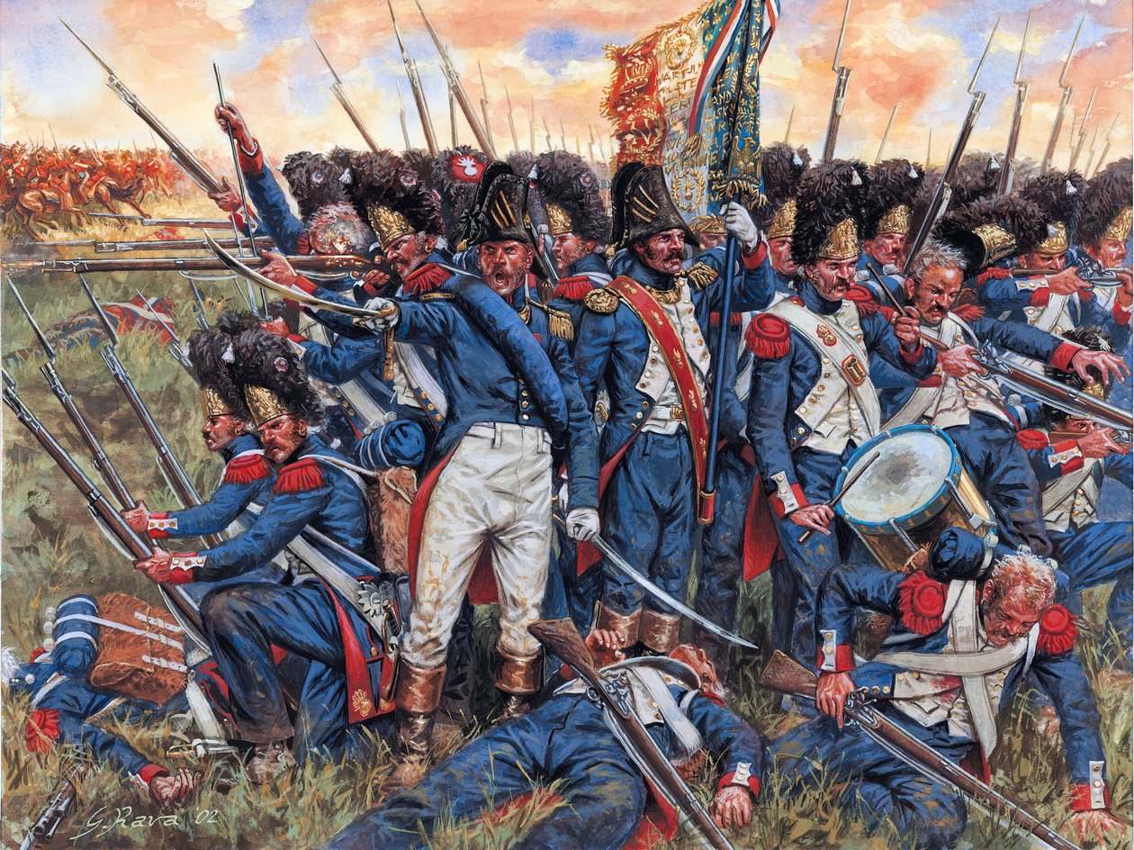 Guerra Napoleónica: o Grande Exército na Batalha de Waterloo 18/06/1815 empurrado para os últimos fios - Guerra Napoleónica: o Grande Exército durante a batalha de Waterloo em 18 de junho de 1815 empurrado para o canto - Ilustração de Giuseppe Rava de Giuseppe Rava