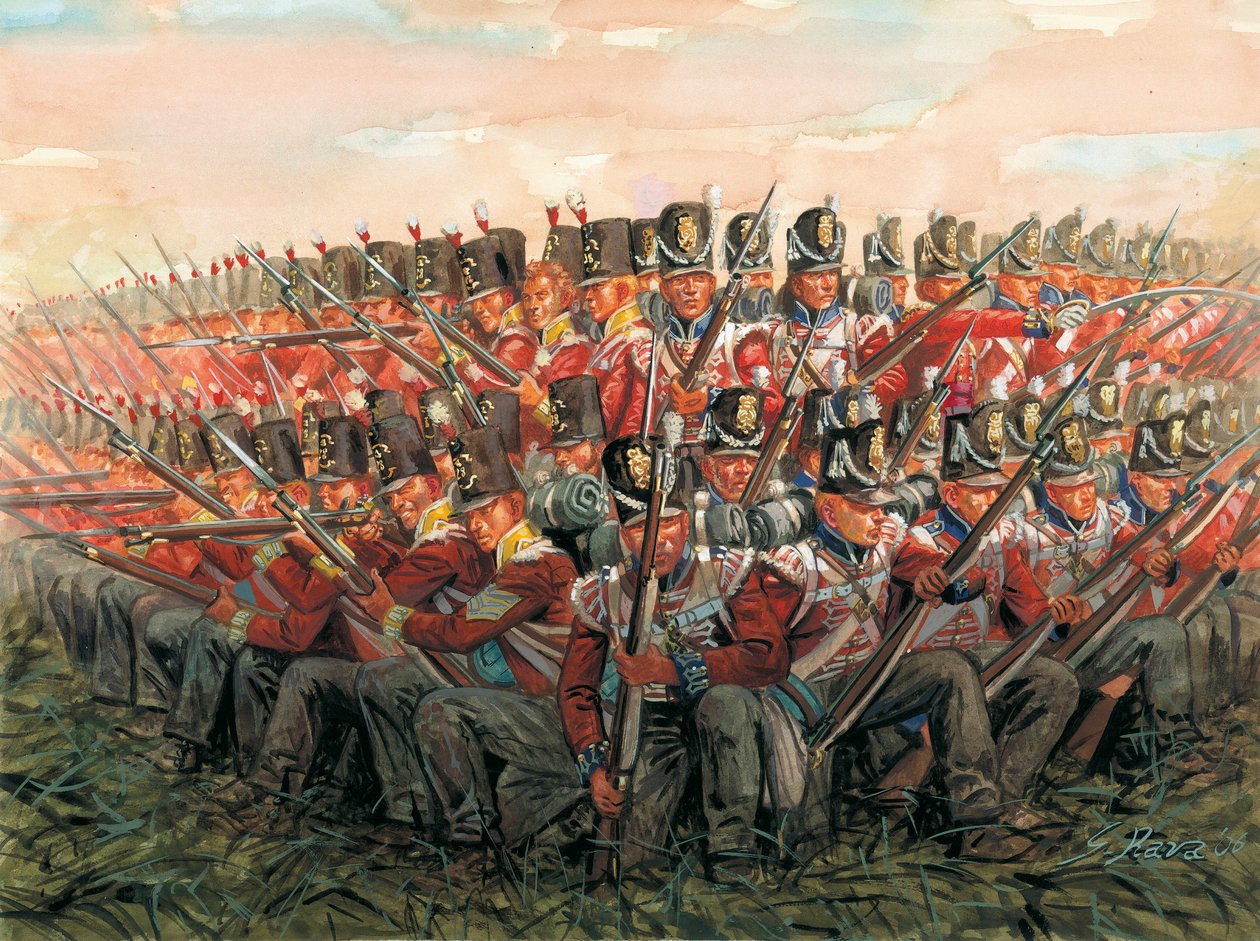 Guerras Napoleónicas: soldados ingleses durante a batalha de Waterloo 18 de junho de 1815 Ilustração de Giuseppe Rava de Giuseppe Rava