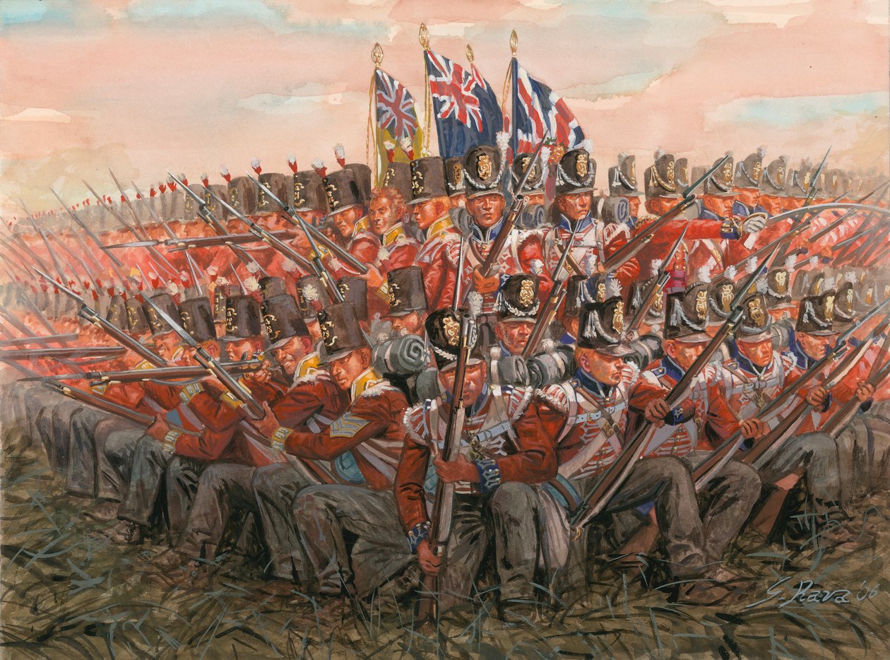 Guerras Napoleónicas: soldados ingleses durante a batalha de Waterloo 18 de junho de 1815 Ilustração de Giuseppe Rava de Giuseppe Rava