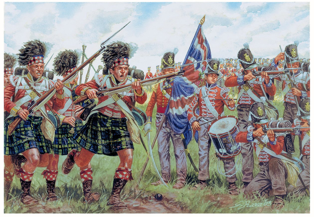 Guerras Napoleónicas: soldados escoceses e britânicos na Batalha de Waterloo, em 18 de junho de 1815 Ilustração de Giuseppe Rava de Giuseppe Rava