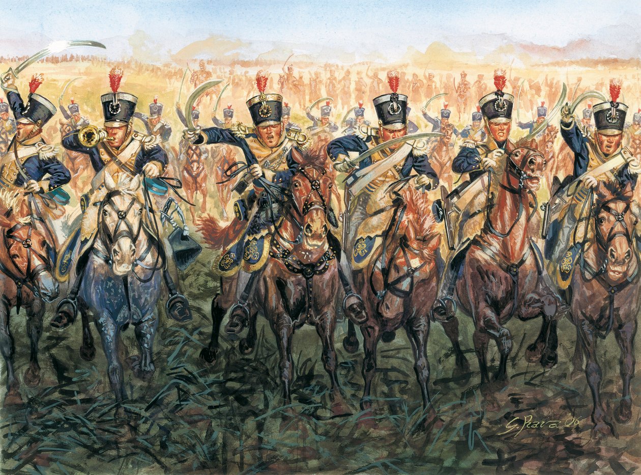 Guerras napoleónicas: cavalaria inglesa em carga Ilustração de Giuseppe Rava de Giuseppe Rava