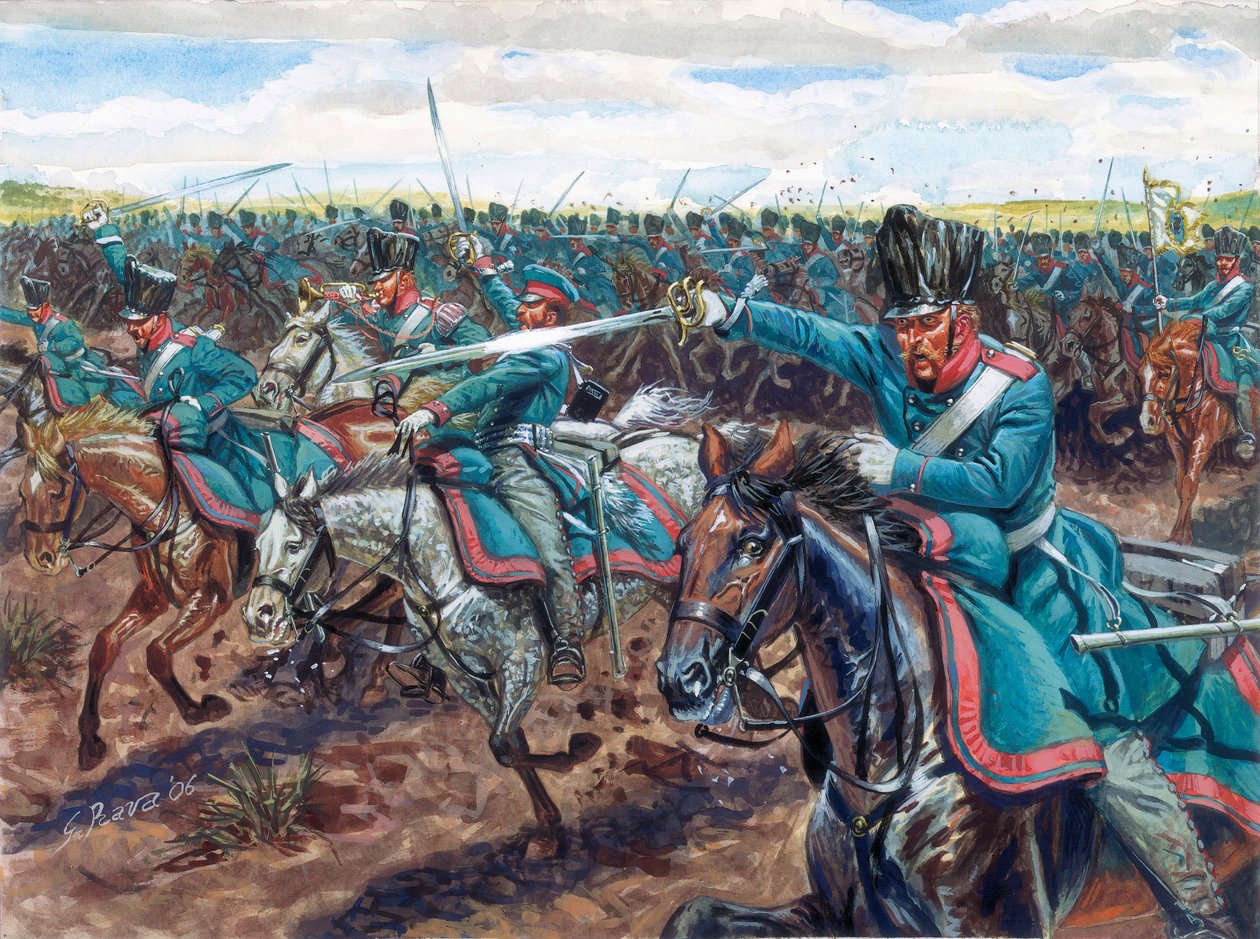 Guerras napoleónicas: dragões prussianos em carga Ilustração de Giuseppe Rava de Giuseppe Rava