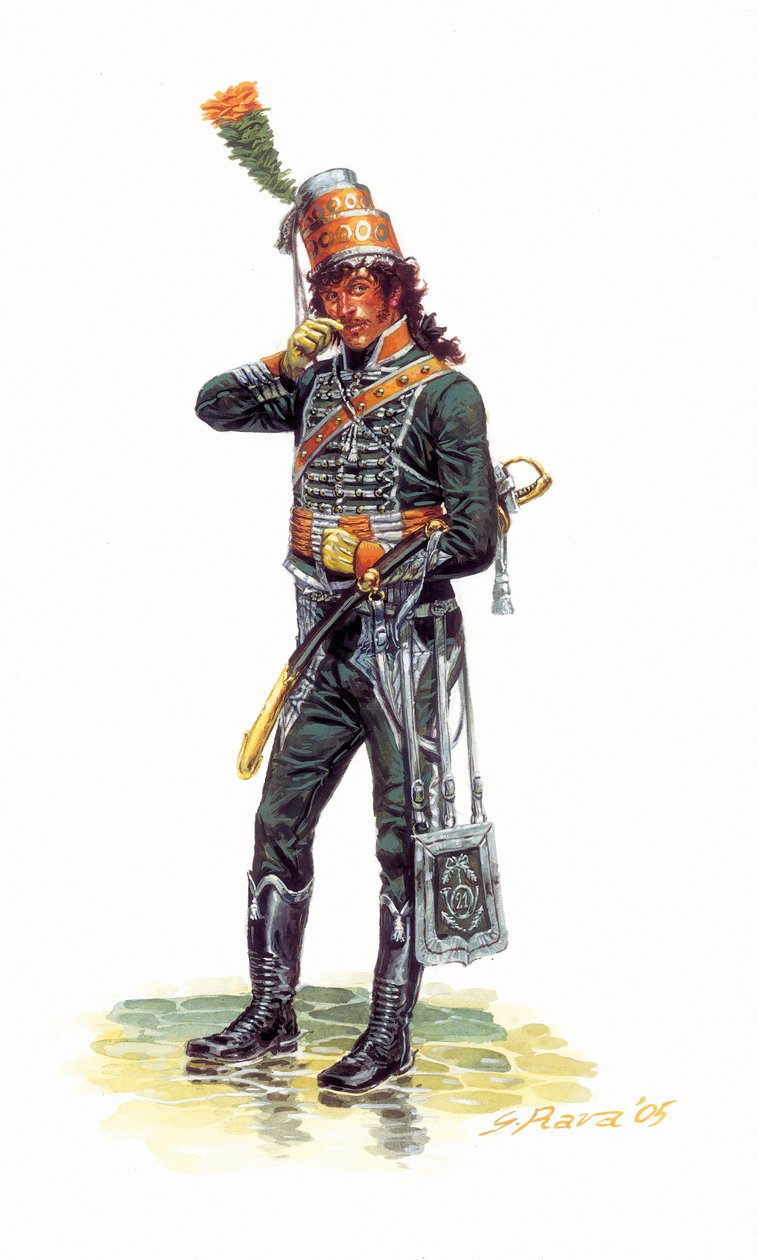 Retrato de Joachim Murat (1767-1815) jovem soldado em uniforme de caçador - Retrato do jovem Joachim Murat em uniforme de caçador a cavalo - Ilustração de Giuseppe Rava de Giuseppe Rava