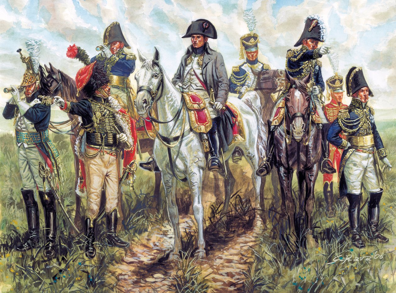 Retrato de Napoleão I (1769-1821) e do seu estado-maior - Retrato do imperador francês Napoleão I e do seu estado-maior - Ilustração de Giuseppe Rava de Giuseppe Rava