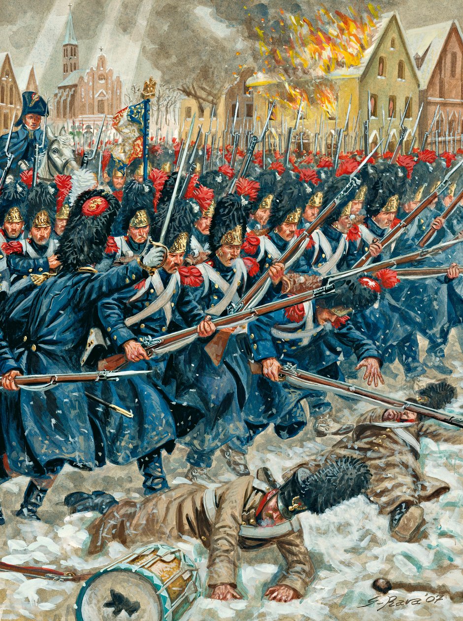 Campanha da Prússia: "A arma no braço" Granadeiros da Guarda Imperial na Batalha de Eylau em 8/02/1807 - Campanha da Prússia: Batalha de Eylau (ou Batalha de Preussisch-Eylau) em 7 e 8 de fevereiro de 1807 entre o Grande Armeu de Napoleão e um exército rus de Giuseppe Rava