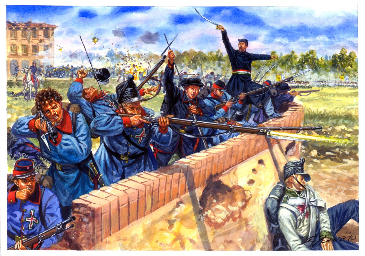 Risorgimento, Primeira Guerra de Independência Italiana, estudantes italianos durante a batalha de Curtatone e Montanara, em 29/05/1848 - Primeira Guerra de Independência Italiana, estudantes italianos durante a batalha de Curtatone e Montanara, em 29 de m de Giuseppe Rava