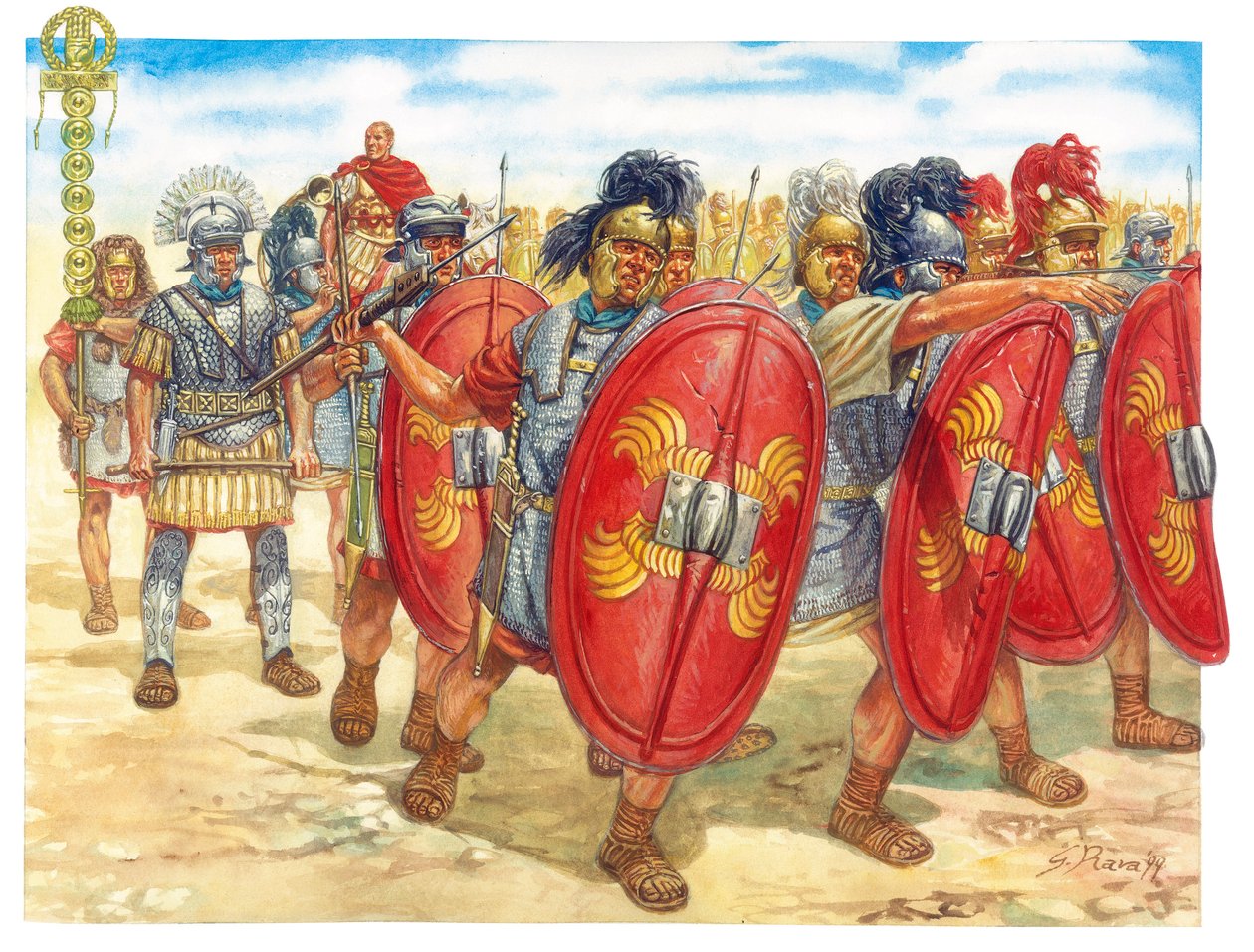 Antiguidade romana (República): um grupo de legionários romanos - República romana: legionários romanos - Ilustração de Giuseppe Rava de Giuseppe Rava