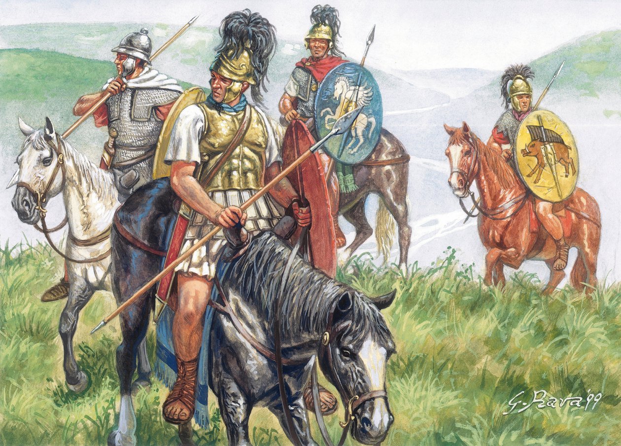 Antiguidade romana (República): um grupo de cavaleiros romanos - República romana: cavalaria romana - Ilustração de Giuseppe Rava de Giuseppe Rava