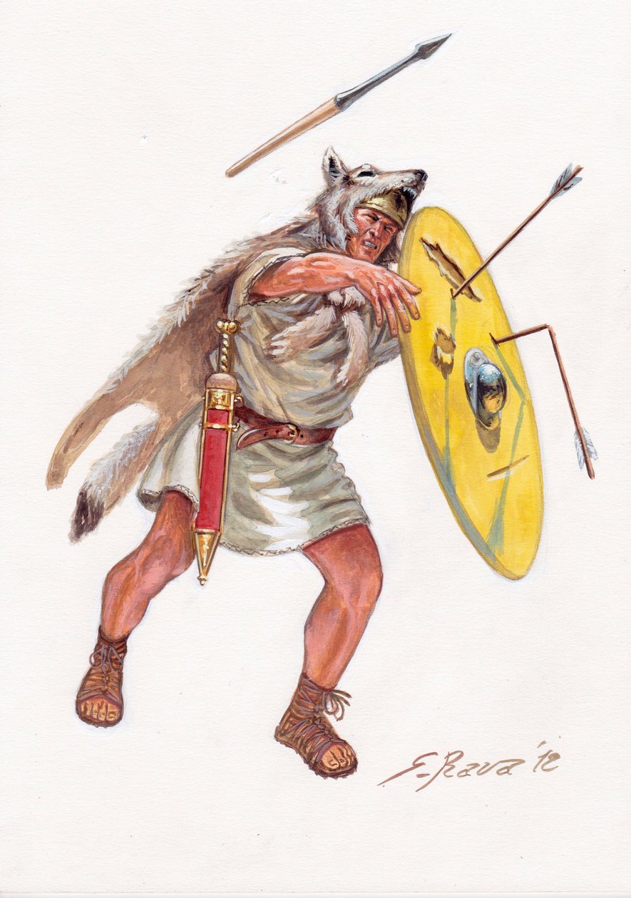 Antiguidade romana (República): velite (soldado de infantaria ligeira dos séculos pobres) do exército romano - velites da república romana - Ilustração de Giuseppe Rava de Giuseppe Rava