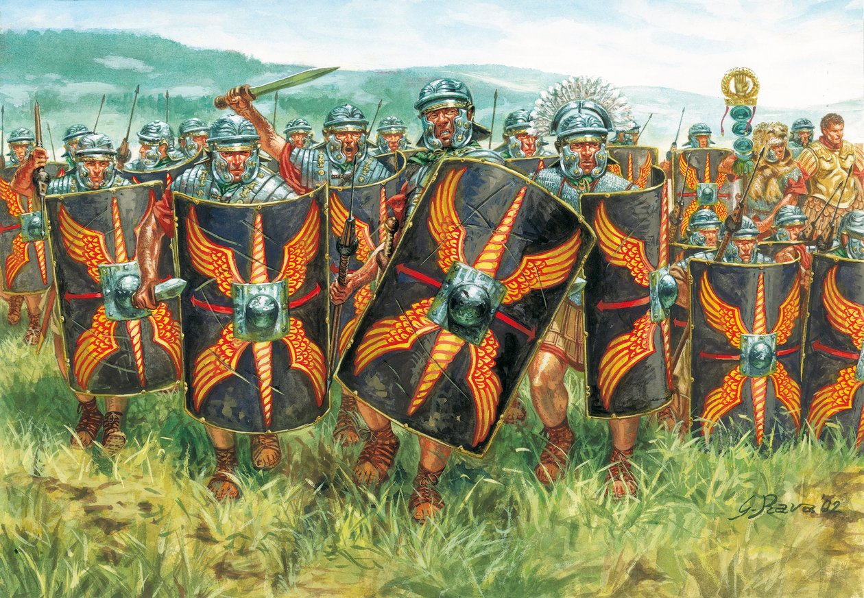 Antiguidade romana (império): um grupo de legionários romanos - Império romano: legionários - Ilustração de Giuseppe Rava de Giuseppe Rava