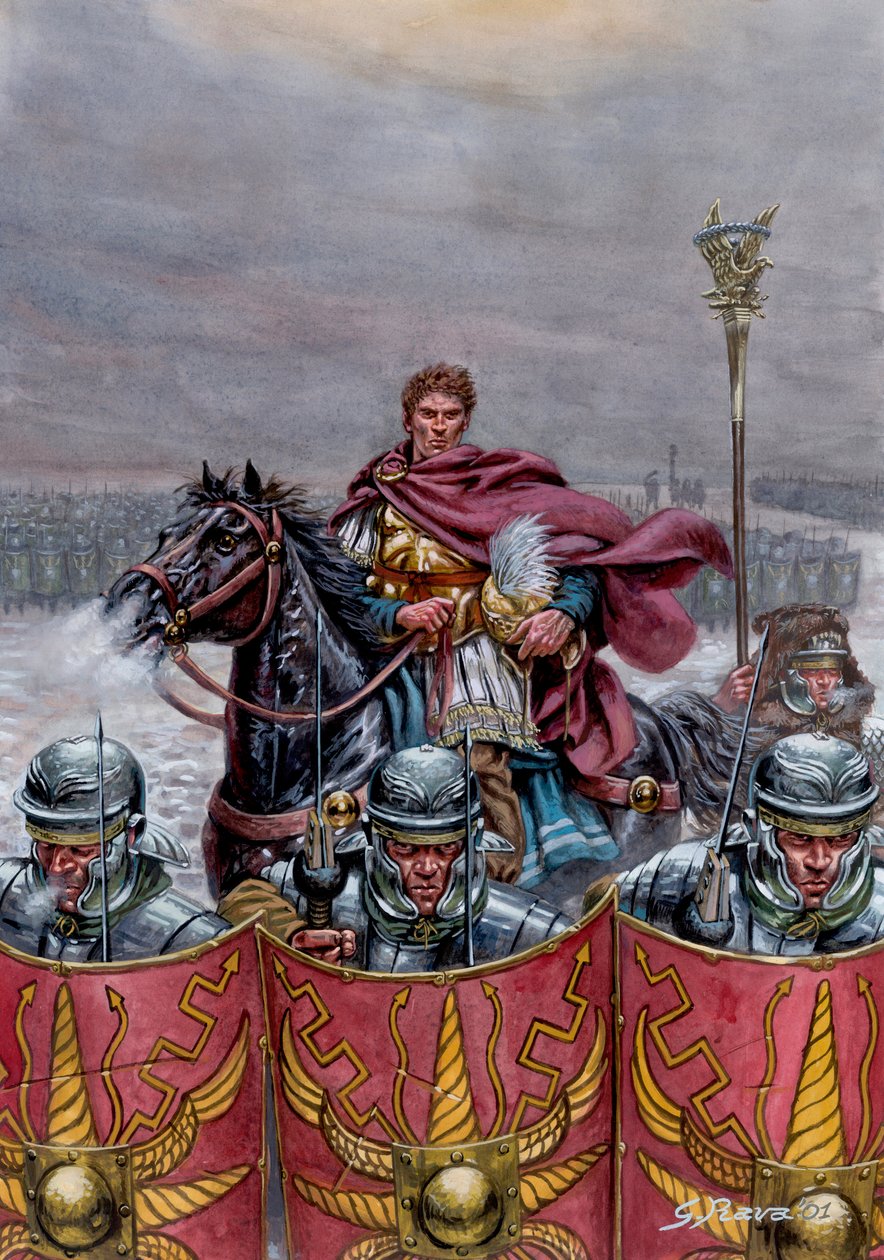 Antiguidade romana: Exército romano perto da muralha de Adriano na Escócia, século II d.C. - Ilustração de Giuseppe Rava de Giuseppe Rava