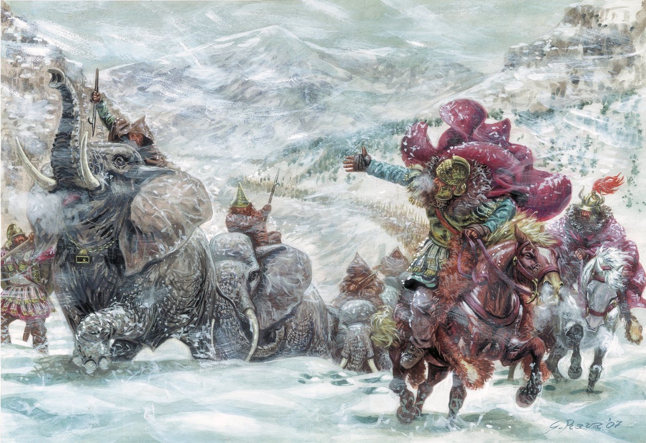 Antiguidade romana: os elefantes de Aníbal durante a travessia dos Alpes - representação dos elefantes que permitiram ao general cartaginês Aníbal (247-183 a.C.) atravessar os Alpes em 218 a.C. durante a segunda guerra púnica Ilustração de Giuseppe Rava de Giuseppe Rava