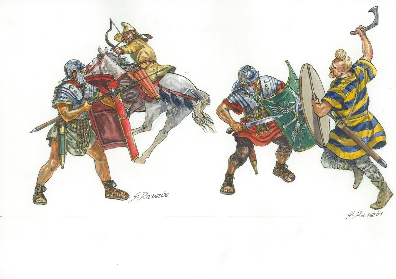 Legionários romanos em luta com um arqueiro montado na Pártia e um guerreiro franco de Giuseppe Rava
