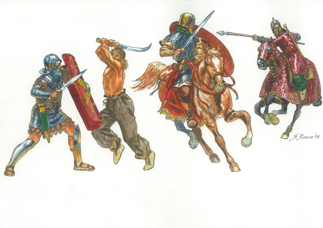 Legionário romano em luta com um guerreiro dácio e cavaleiro romano contra um catafractário sármata de Giuseppe Rava