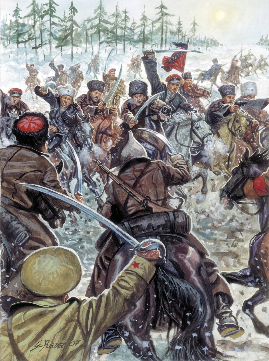 Guerra civil russa (1917-1923): Soldados do Cáucaso ao lado dos exércitos brancos em 1919 - Guerra civil russa: os cossacos lutam contra o exército russo branco em 1919 - Ilustração de Giuseppe Rava de Giuseppe Rava