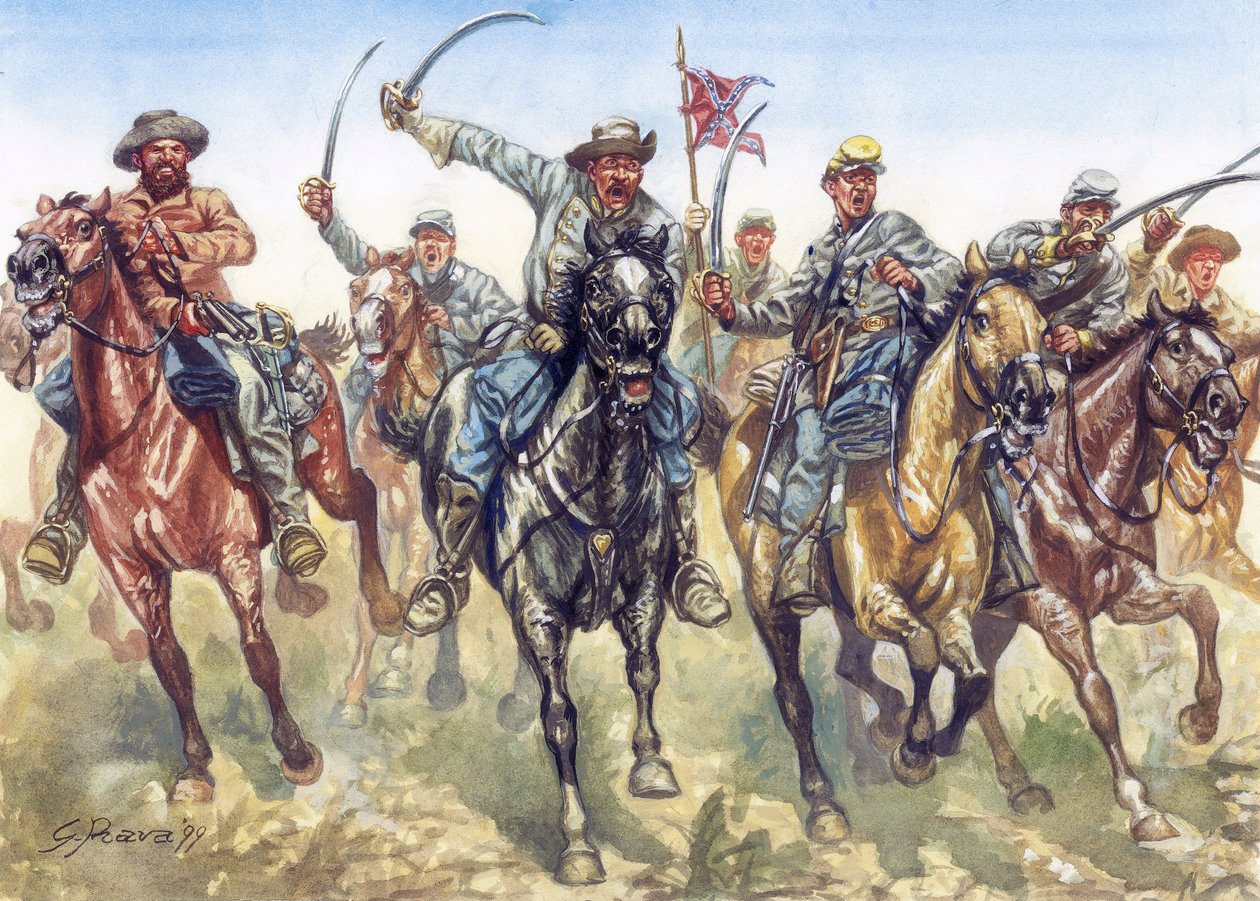 Guerra da Secessão (1861-1865) - Guerra civil americana: a cavalaria confederada a atacar - Ilustração de Giuseppe Rava de Giuseppe Rava