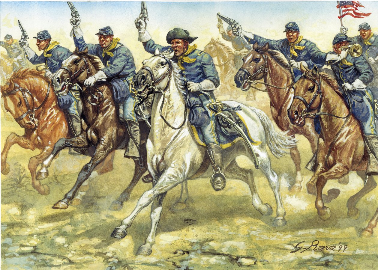 Guerra da Secessão (1861-1865): soldados da cavalaria do Norte (União) durante uma batalha - Guerra civil americana: soldados da cavalaria do Norte (União) durante uma batalha - Ilustração de Giuseppe Rava de Giuseppe Rava