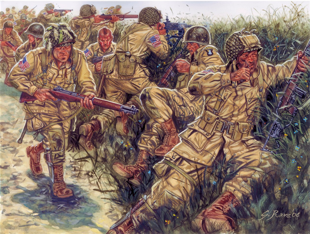 Segunda Guerra Mundial: 101ª Divisão Aerotransportada (101ª Divisão Aerotransportada dos EUA), apelidada de Águias Gritantes - WWII: 101ª Divisão Aerotransportada, Águias Gritantes - Ilustração de Giuseppe Rava de Giuseppe Rava
