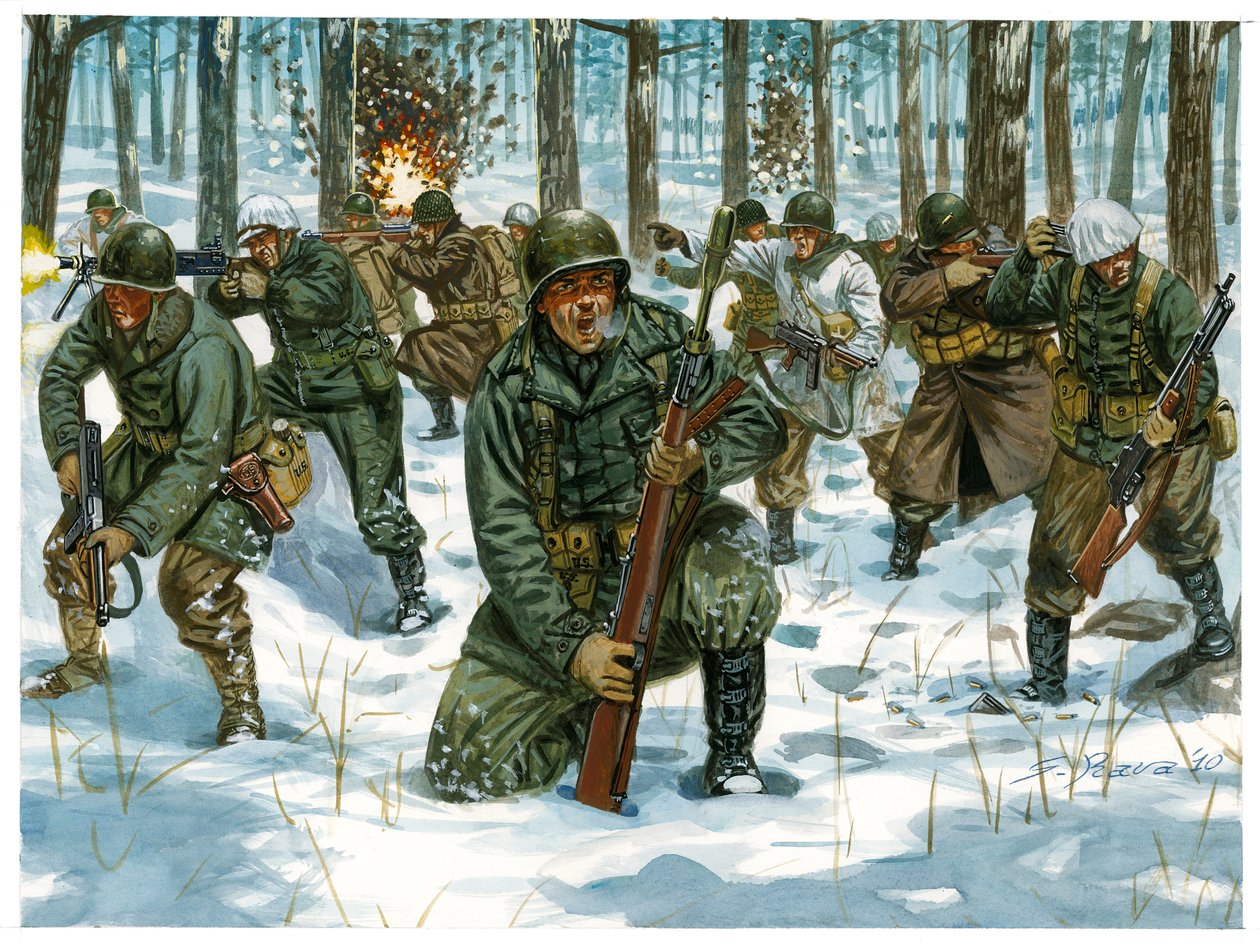 Segunda Guerra Mundial: ofensiva da infantaria americana na Batalha das Ardenas em Bastogne, dezembro de 1944 - Segunda Guerra Mundial: ofensiva americana durante a Batalha do Bulge, dezembro de 1944 - Ilustração de Giuseppe Rava de Giuseppe Rava