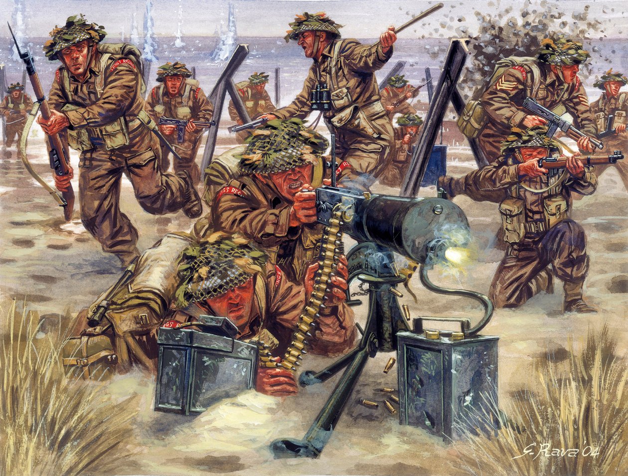 Segunda Guerra Mundial: Desembarque na Normandia em junho de 1944, soldados ingleses - WWII: Desembarque na Normandia, as tropas britânicas, 6 de junho de 1944 - Ilustração de Giuseppe Rava de Giuseppe Rava