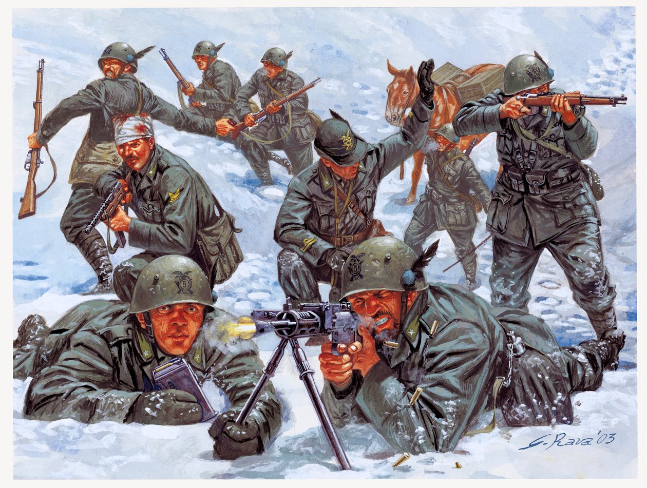 Segunda Guerra Mundial: caçadores alpinos italianos "Penne nere" (penas negras) na frente russa de Giuseppe Rava