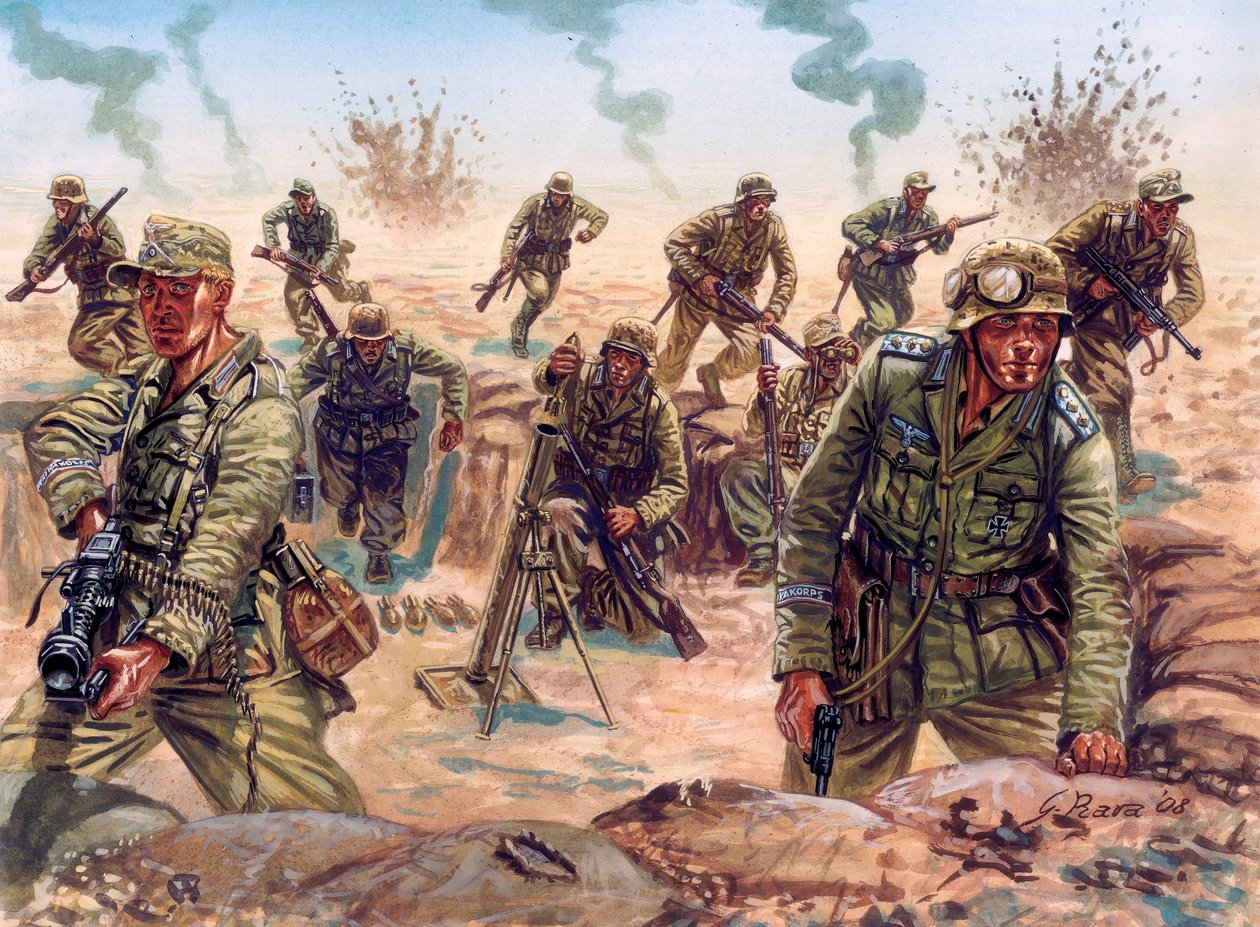 Segunda Guerra Mundial, Campanha do Norte de África: soldado do Deutsches Afrikakorps (Afrika Korps, Afrikakorps ou DAK), Força Expedicionária Alemã, no deserto da Líbia de Giuseppe Rava