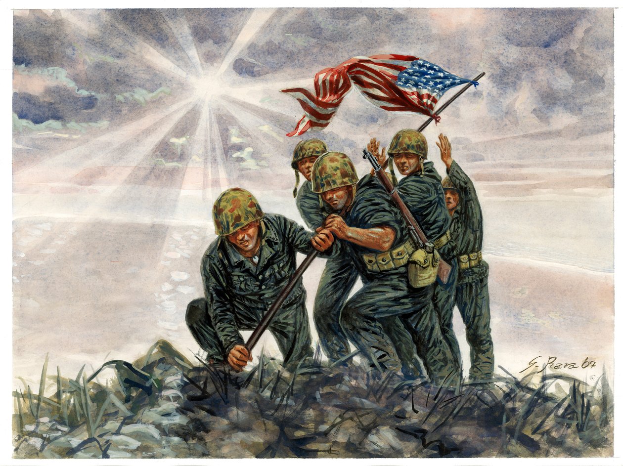 Segunda Guerra Mundial, Guerra do Pacífico: Batalha de Iwo Jima, vitória dos marines americanos em fevereiro de 1945 - WWII, Pacific war: Batalha de Iwo Jima (Operação Destacamento), os fuzileiros navais americanos erguem a bandeira americana, fevereiro de de Giuseppe Rava