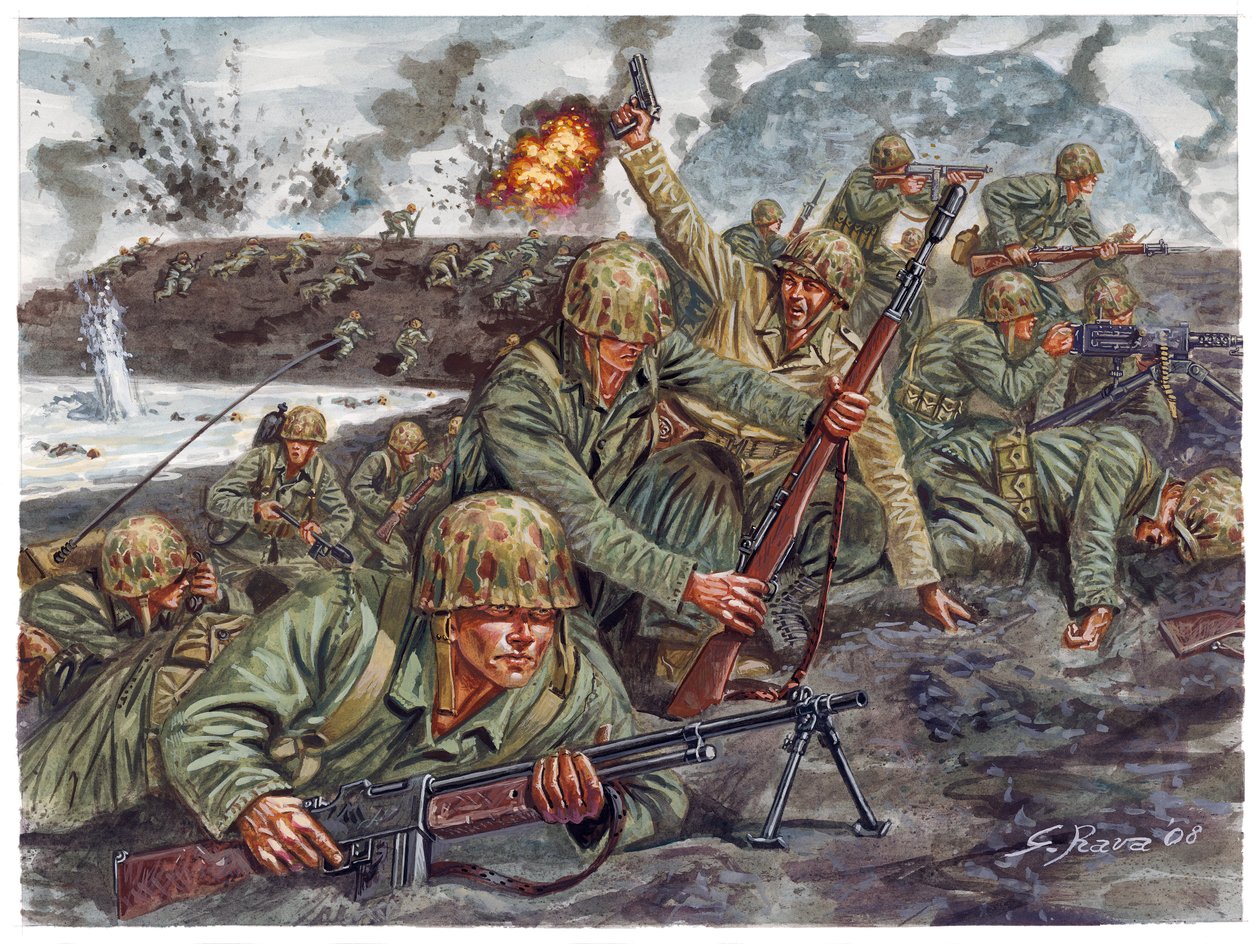 Segunda Guerra Mundial, Guerra do Pacífico: desembarque em 19/02/1945 do corpo anfíbio dos fuzileiros navais durante a Batalha de Iwo Jima no Japão - WWII, Pacific war: Batalha de Iwo Jima (Operação Destacamento), desembarque anfíbio de fuzileiros navais a de Giuseppe Rava