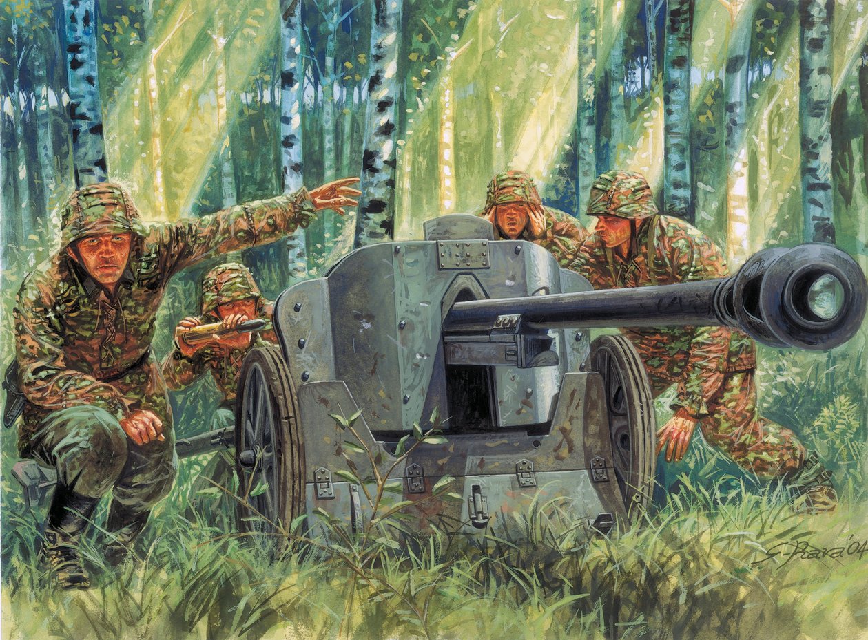 Segunda Guerra Mundial: Panzerabwehrkanone 38 ou Pak 38, canhão alemão de defesa de tanques - Segunda Guerra Mundial: Pak 38 de 5 cm, canhão anti-tanque alemão de calibre 50 mm - Ilustração de Giuseppe Rava de Giuseppe Rava