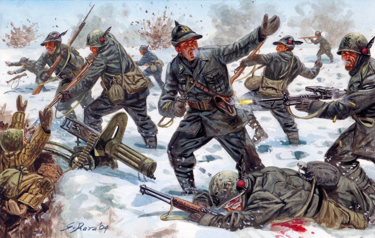 Segunda Guerra Mundial, Frente Russa: Caçadores alpinos italianos na Rússia em janeiro de 1943 - Segunda Guerra Mundial, frente russa: os alpinos italianos na Rússia, janeiro de 1943 - Ilustração de Giuseppe Rava de Giuseppe Rava