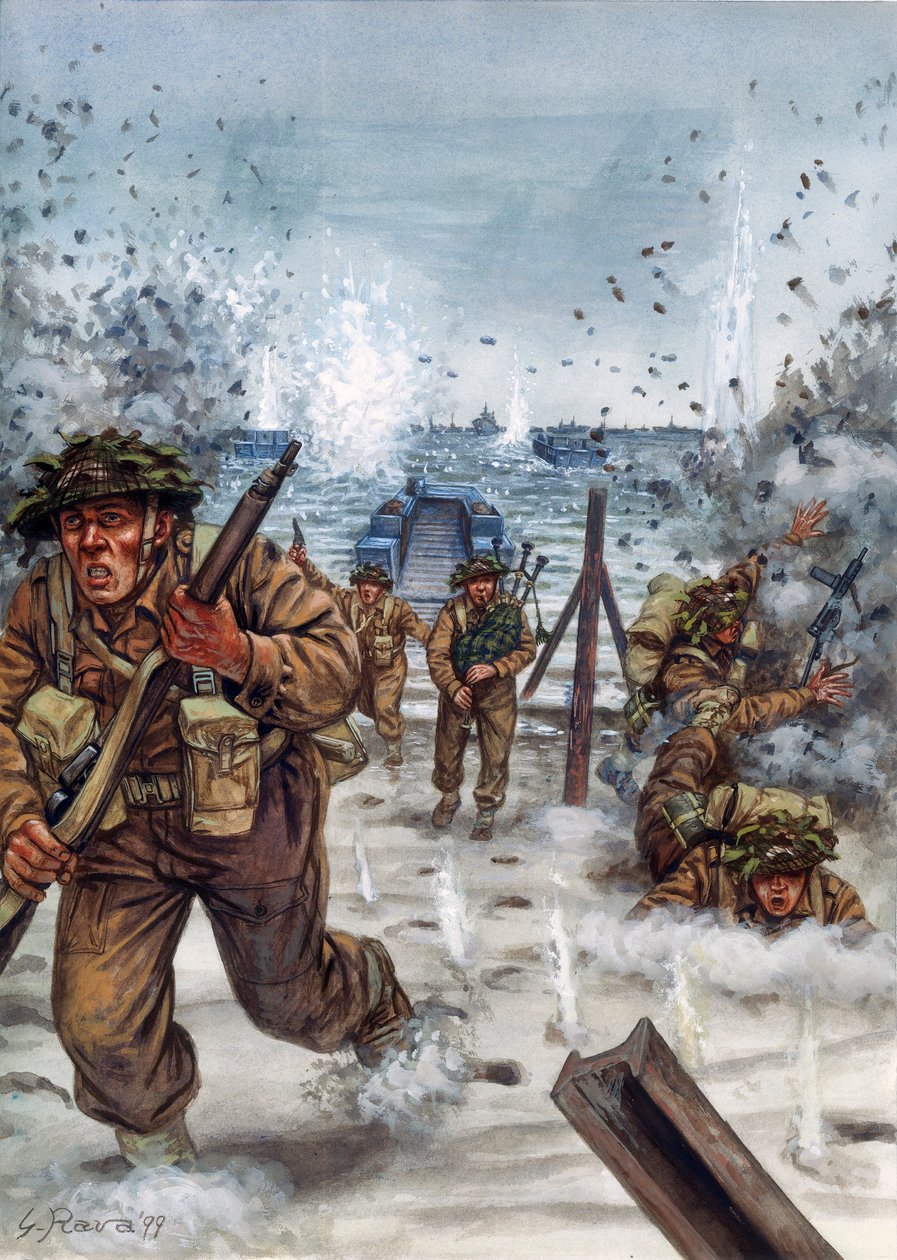 Segunda Guerra Mundial: Soldados escoceses durante o desembarque na Normandia, 6/06/1944 - Segunda Guerra Mundial, Dia D: Soldados escoceses no dia do desembarque na Normandia, 6 de junho de 1944 - Ilustração de Giuseppe Rava de Giuseppe Rava