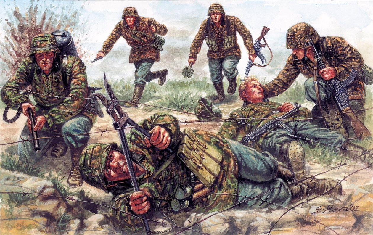 Segunda Guerra Mundial: soldados dos Sturmtruppen, uma unidade de elite do Exército Imperial Alemão, um deles corta arame farpado de Giuseppe Rava