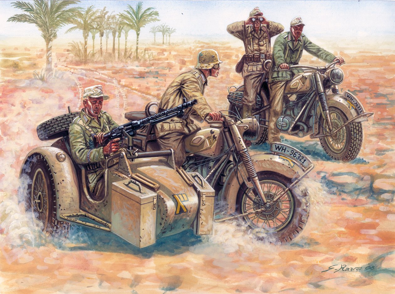 Segunda Guerra Mundial: os Deutsches Afrikakorps (DAK Afrika Korps)) a rolar no deserto da Líbia em sidecars BMW de Giuseppe Rava