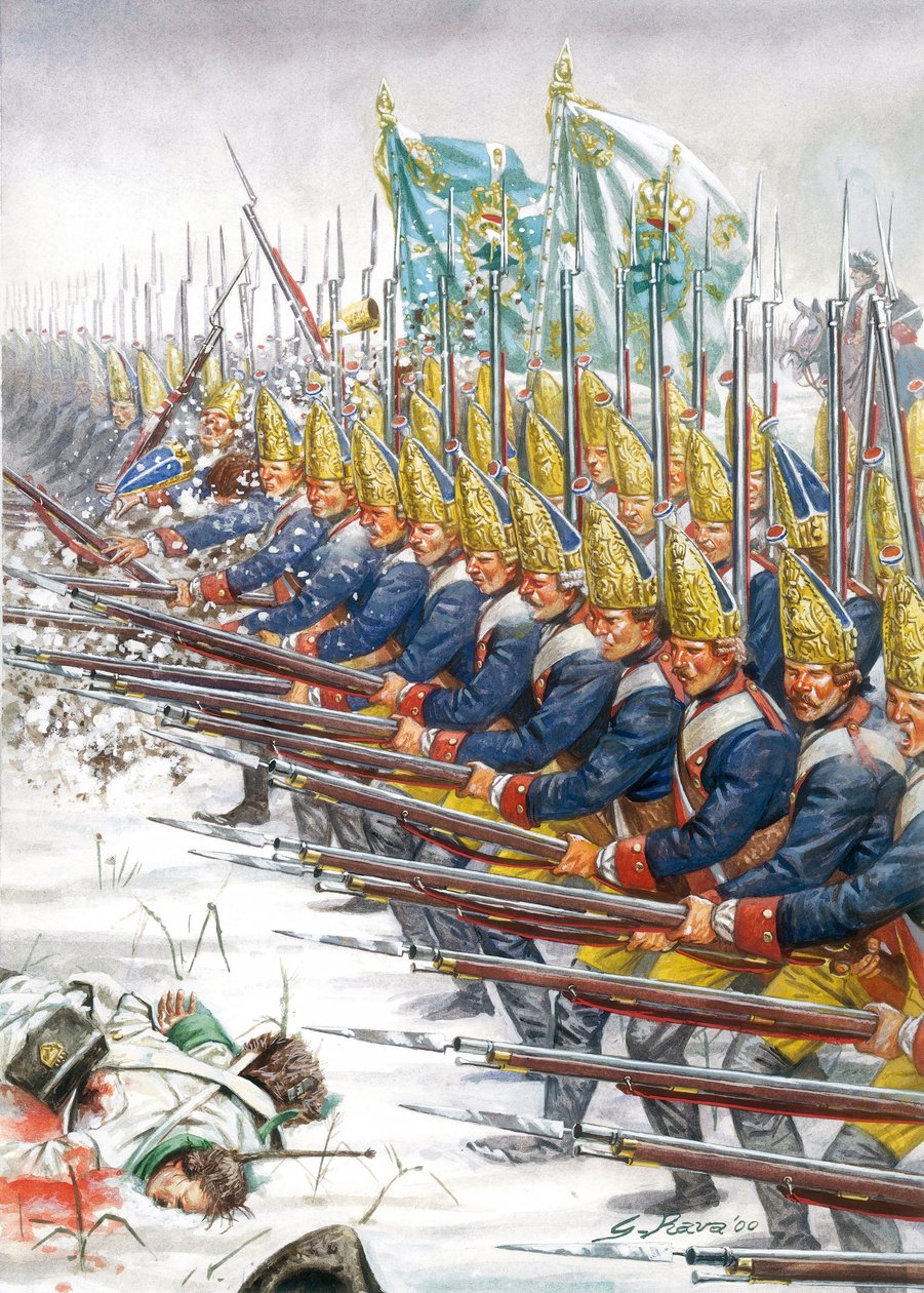 Guerra dos Sete Anos: Granadeiros do Exército Prussiano durante a Batalha de Leuthen, 05/12/1757 - Desfile da Guarda de Potsdam em Leuthen, 5 de dezembro de 1757, durante a Guerra dos Sete Anos - Ilustração de Giuseppe Rava de Giuseppe Rava