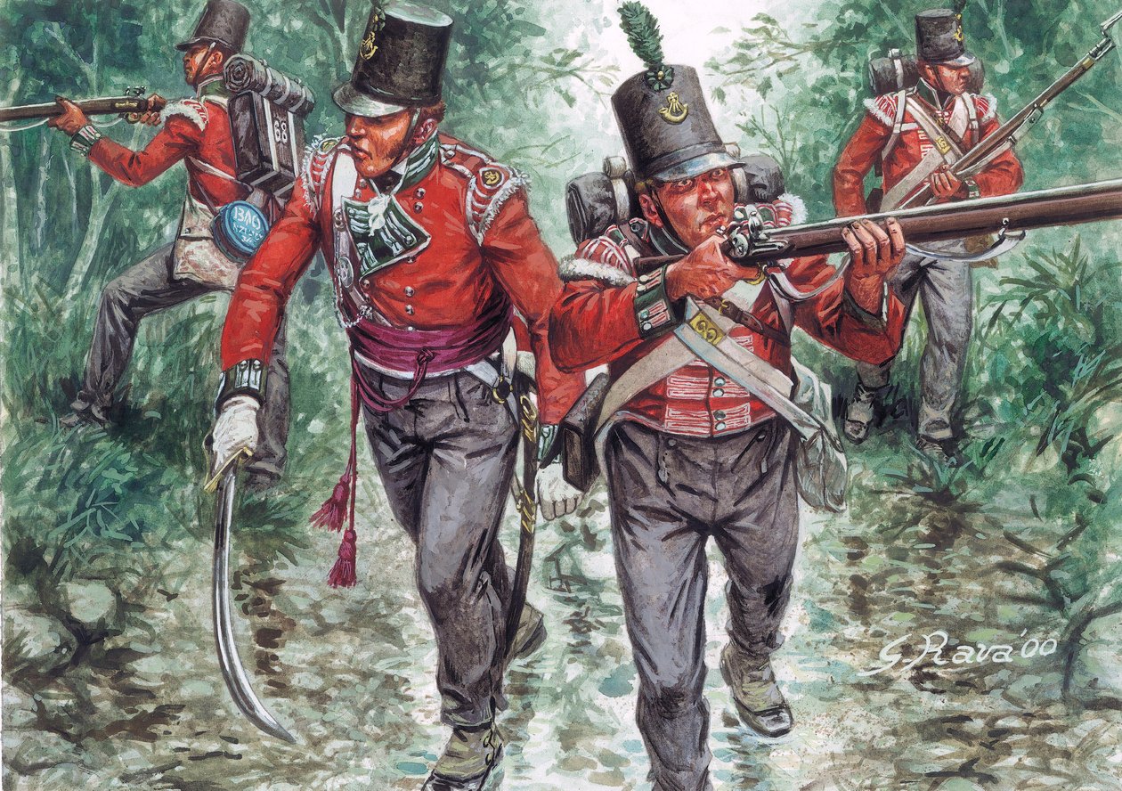 Soldados da Infantaria Britânica em patrulha por volta de 1810 - (Soldados da Infantaria Britânica de Giuseppe Rava